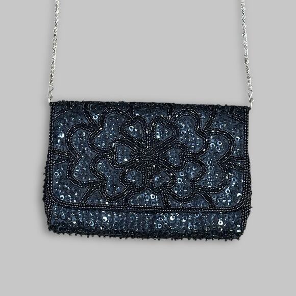 Vintage Black Beaded & Sequin Evening Shoulder Bag with Silver Chain - Picture 1 of 5